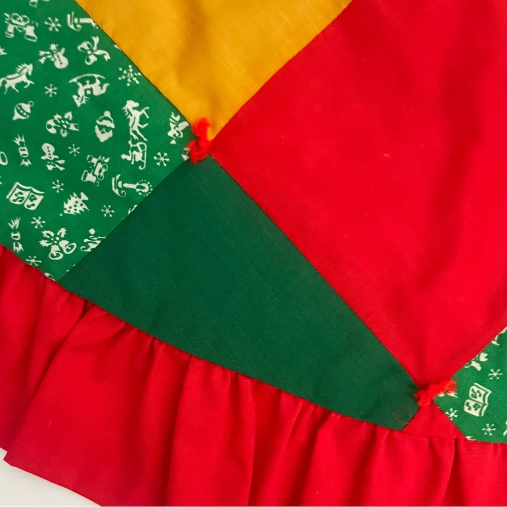 Vintage Handmade Patchwork Multicolor tree skirt with ruffle Red, Green, Gold